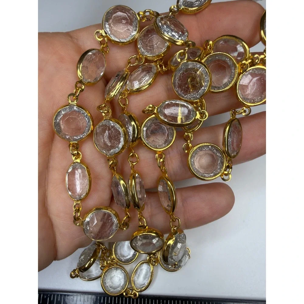 Gold Tone Bezel Set Clear Faceted Crystal Station Long Necklace 36 Inch